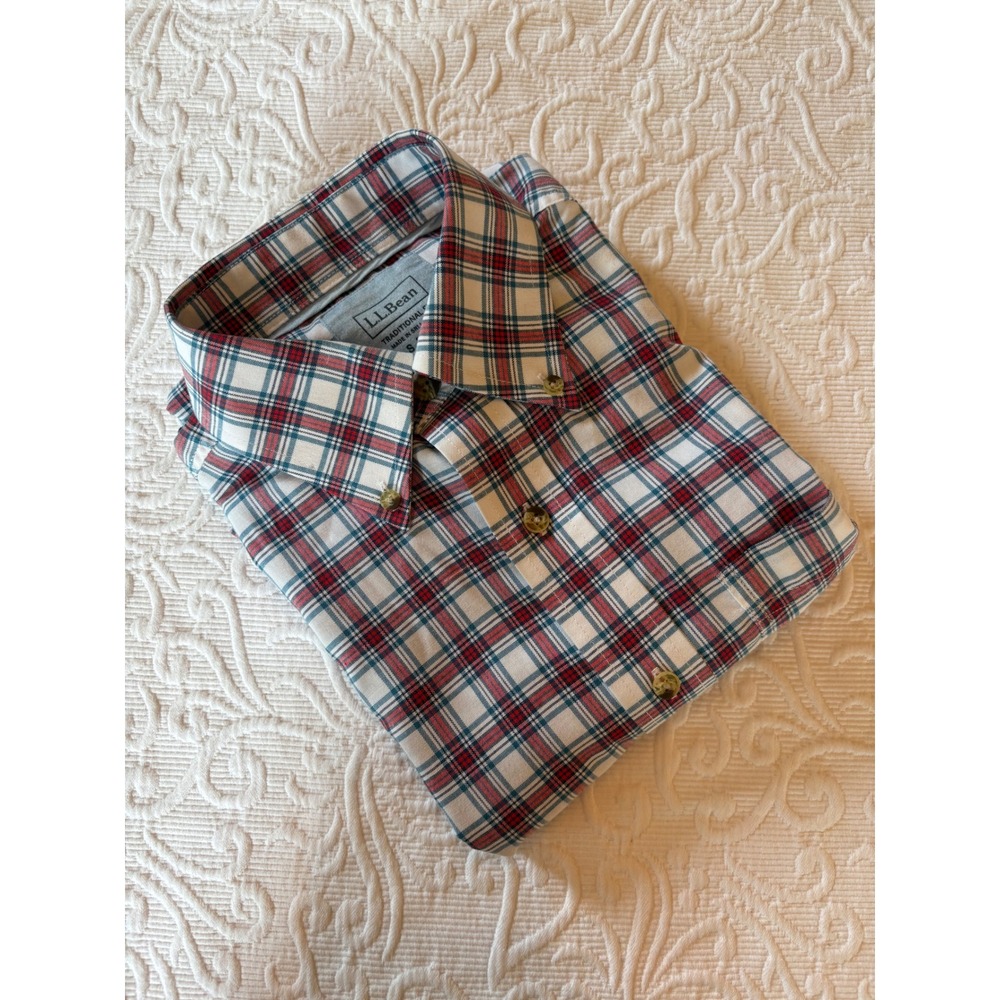LL Bean‎ traditional fit short sleeve, red, beige, and teal shirt, men's small